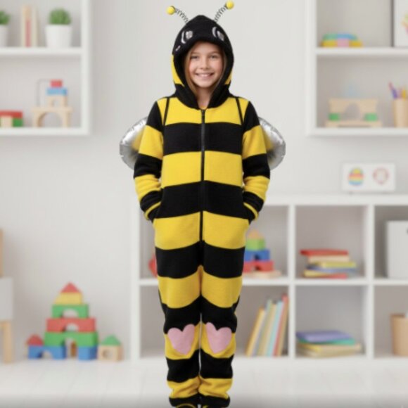 🐝 FUNTIME Bee Halloween Costume Kids Size M 10-12 yo Fleece Jumpsuit Pajamas - Picture 1 of 9